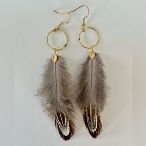 Boho feather earrings - pheasant feathers - gold plated brass - handcrafted
